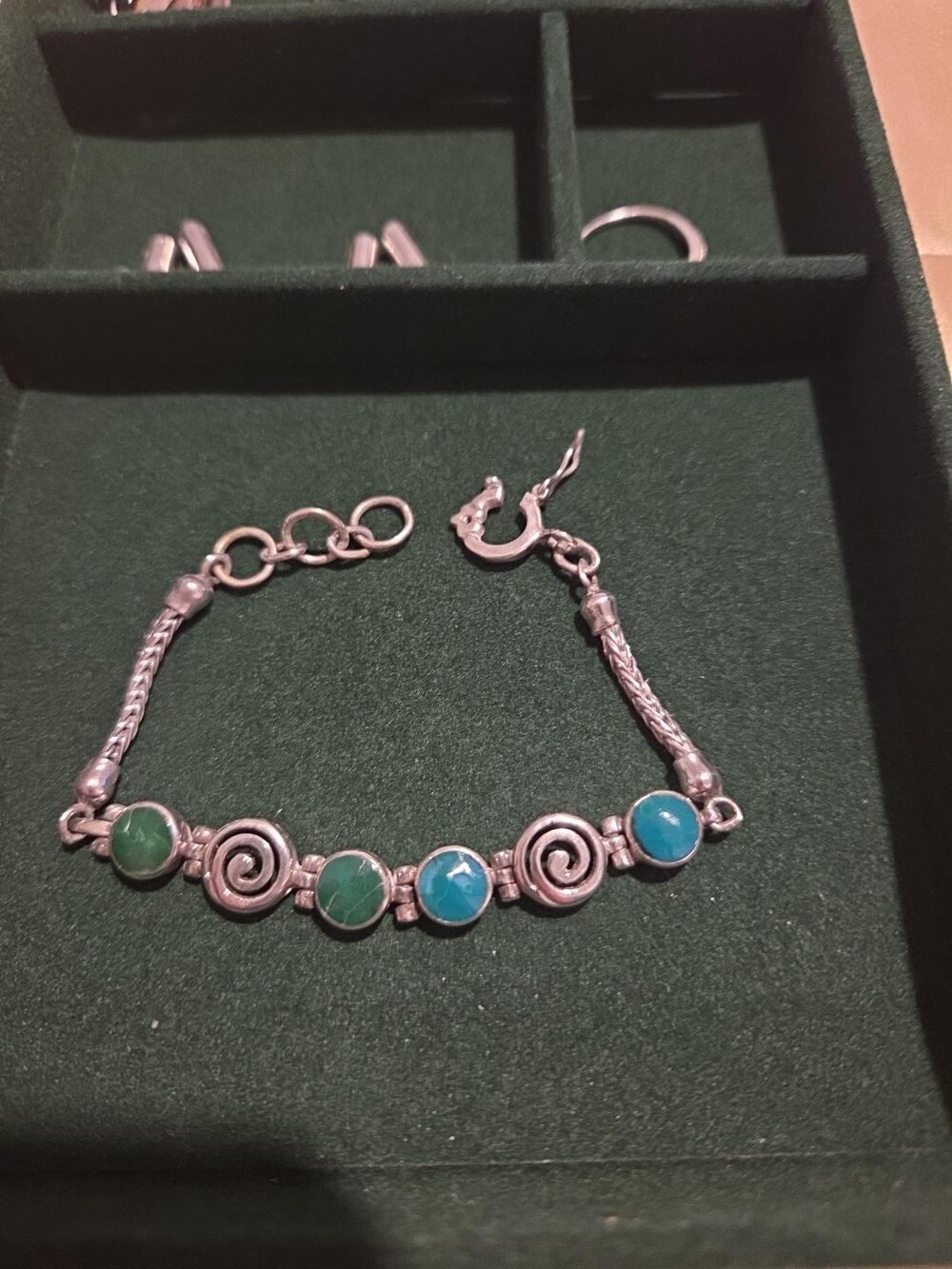 Vintage Peruvian 950 Silver Artisan Bracelet Blue Green 8mm Gemstones 14g